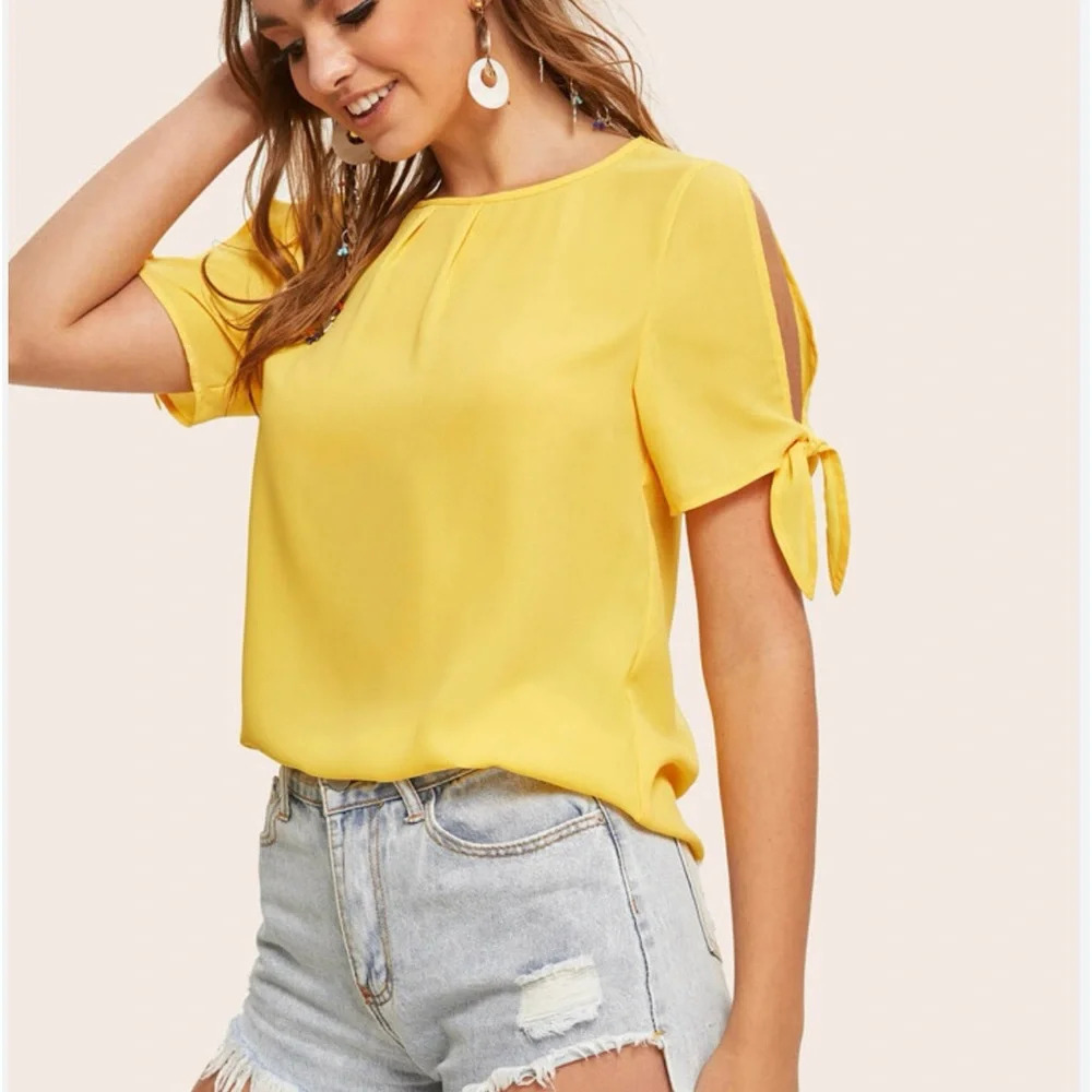 Shein Lemon Yellow Open Keyhole Tie Sleeve Blouse Medium Women’s